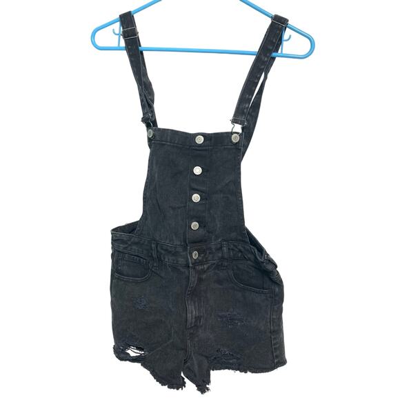 Pacsun Women's Black Cotton Denim Distressed Overall Shorts Size 26 - Picture 1 of 5